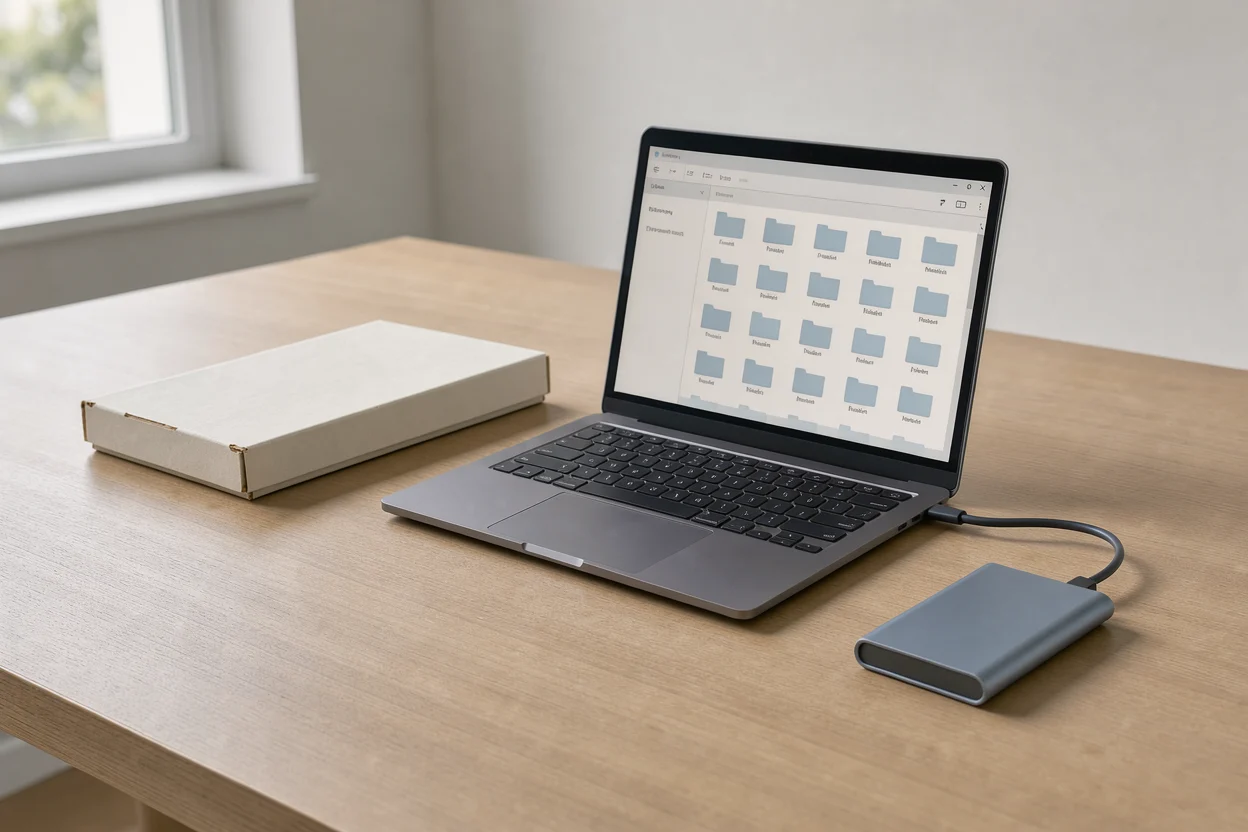 een laptop met een neutraal mappenoverzicht naast een afzonderlijke externe schijf en een diadoos